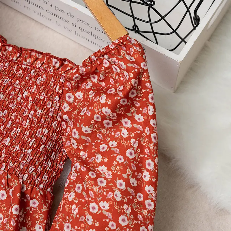 Dress Kids Girls 4-7 Years Red Floral Long-Sleeved Dress For Little Girls Korean Style Casual Vacation Pastoral Style Dress