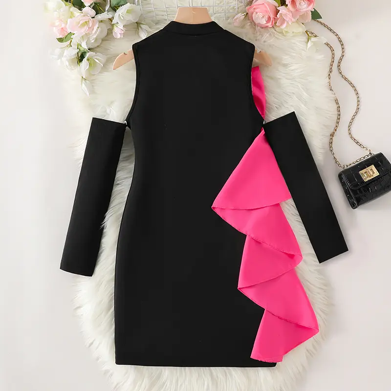Autumn New Solid Color Black O-Neck Off-The Shoulder Long Sleeve Rose Bow A-Line Dress For Girls 8-12 Years Korean Style Daily