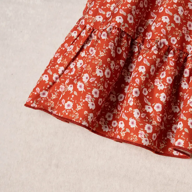 Dress Kids Girls 4-7 Years Red Floral Long-Sleeved Dress For Little Girls Korean Style Casual Vacation Pastoral Style Dress