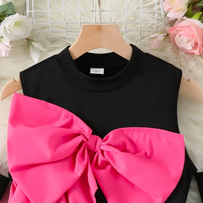 Autumn New Solid Color Black O-Neck Off-The Shoulder Long Sleeve Rose Bow A-Line Dress For Girls 8-12 Years Korean Style Daily