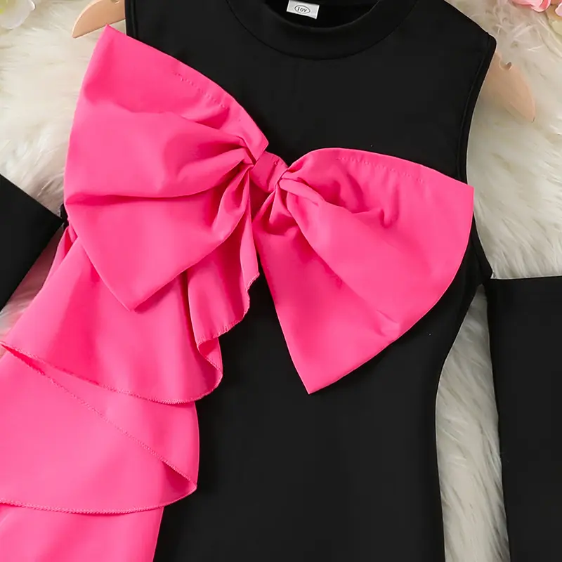 Autumn New Solid Color Black O-Neck Off-The Shoulder Long Sleeve Rose Bow A-Line Dress For Girls 8-12 Years Korean Style Daily