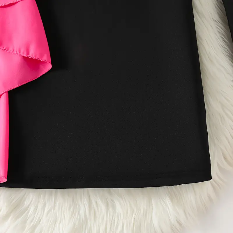 Autumn New Solid Color Black O-Neck Off-The Shoulder Long Sleeve Rose Bow A-Line Dress For Girls 8-12 Years Korean Style Daily
