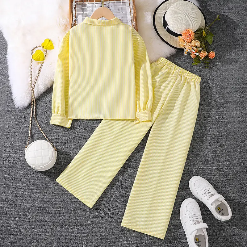 Children's Spring Autumn 4-12 Years Old Girls Yellow Striped Long Sleeve Top Yellow Striped Pants Suit Classic Simple Refreshing