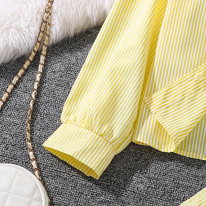 Children's Spring Autumn 4-12 Years Old Girls Yellow Striped Long Sleeve Top Yellow Striped Pants Suit Classic Simple Refreshing