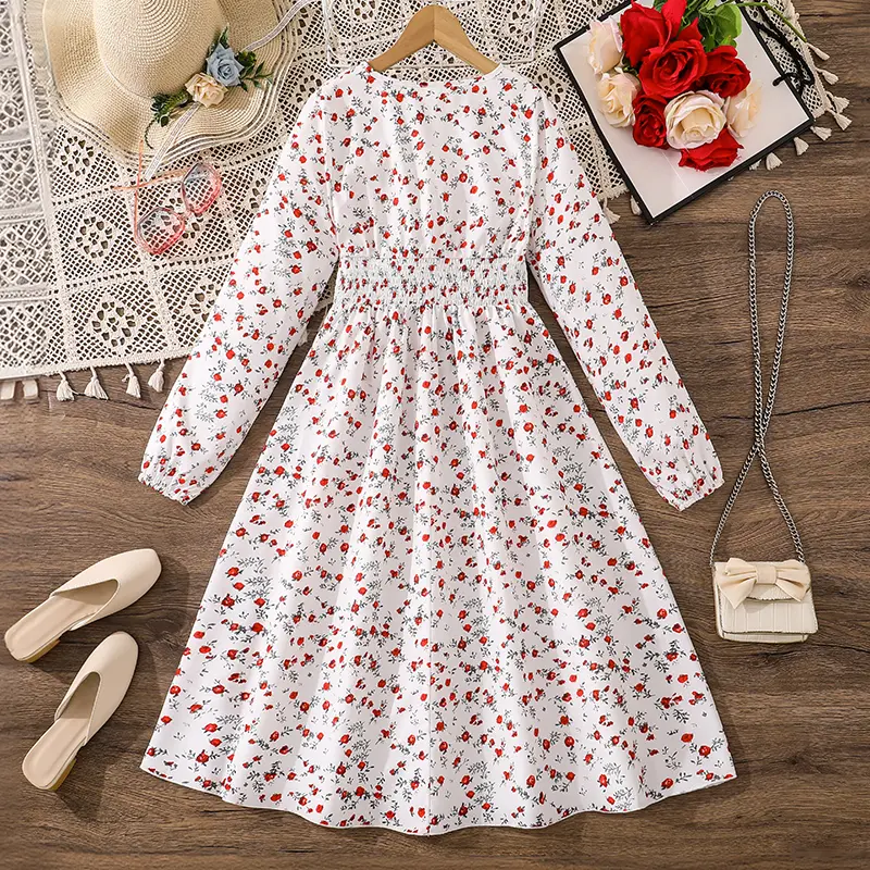 Spring/Summer sweet and cute baby floral long-sleeved long dress elegant ditsy v-neck bow detail on front bust Spring/Summer pri