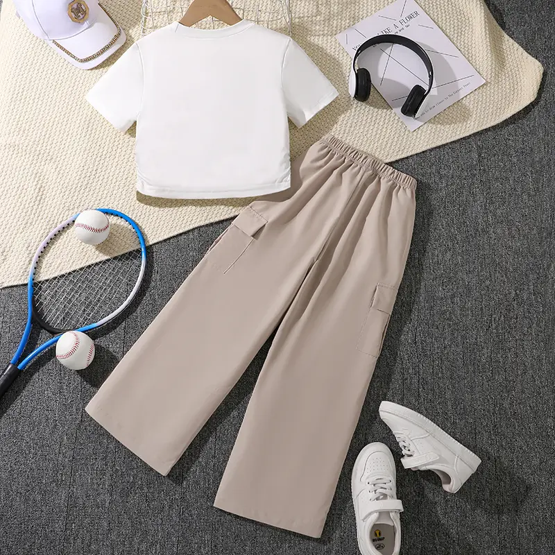 Children Clothes Sets Letters Printed T-shirt & Khaki Color Cargo Pants Trendy Girls Cargo Pants Sets Summer Outfit Kids Costume