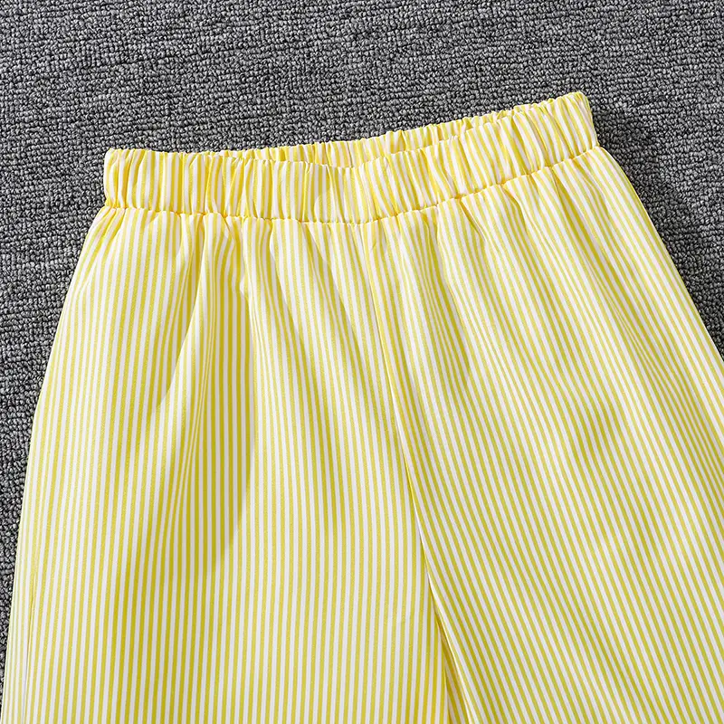 Children's Spring Autumn 4-12 Years Old Girls Yellow Striped Long Sleeve Top Yellow Striped Pants Suit Classic Simple Refreshing