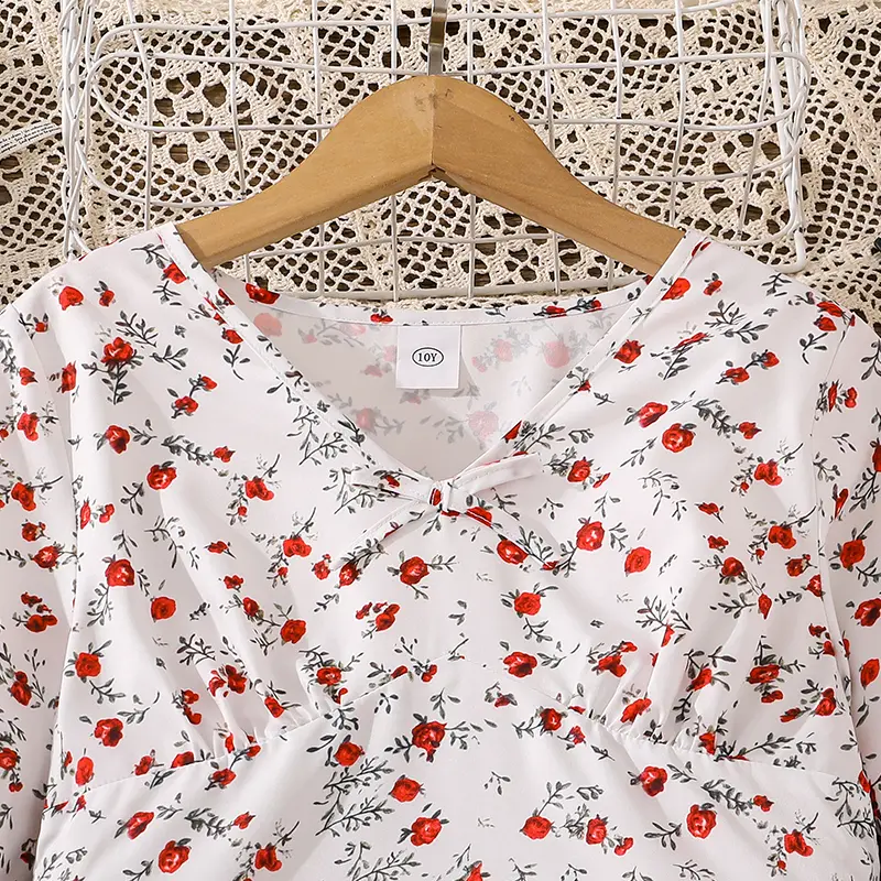 Spring/Summer sweet and cute baby floral long-sleeved long dress elegant ditsy v-neck bow detail on front bust Spring/Summer pri