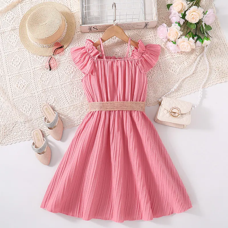 New Dress Baby Pink Short Sleeved Off-The-Shoulder Skirt & Belt Stylish Girls Vacation Holiday Clothes Kids Clothes Dress