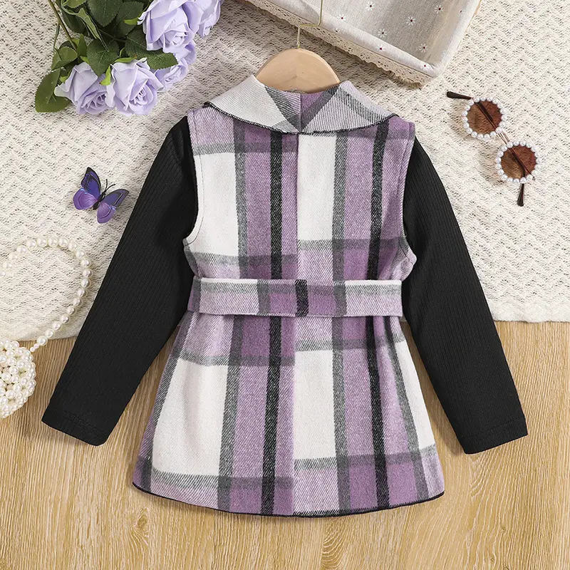 Baby Girls Autumn Outfit 4-7 Years Children's Purple Plaid Sleeveless Waistcoat + Black Knit Base Casual Vacation Korean Suits