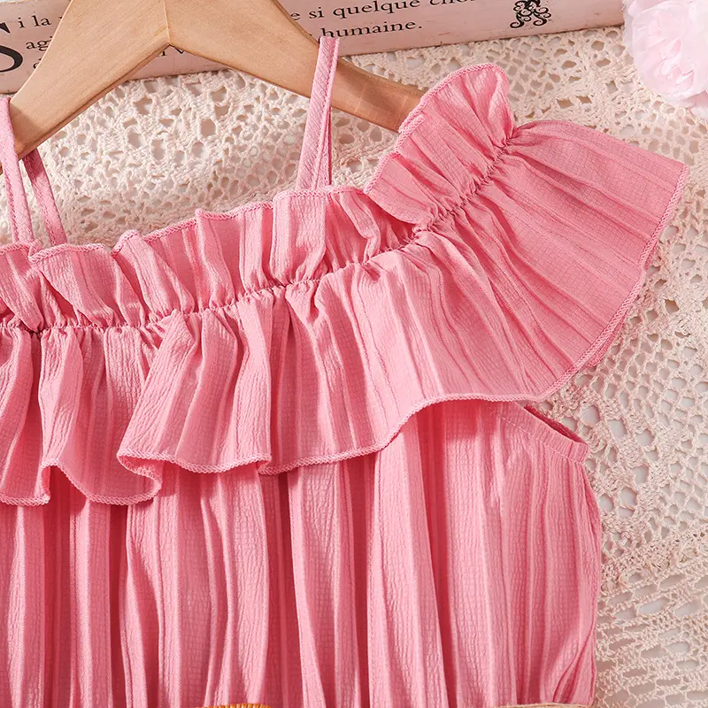 New Dress Baby Pink Short Sleeved Off-The-Shoulder Skirt & Belt Stylish Girls Vacation Holiday Clothes Kids Clothes Dress