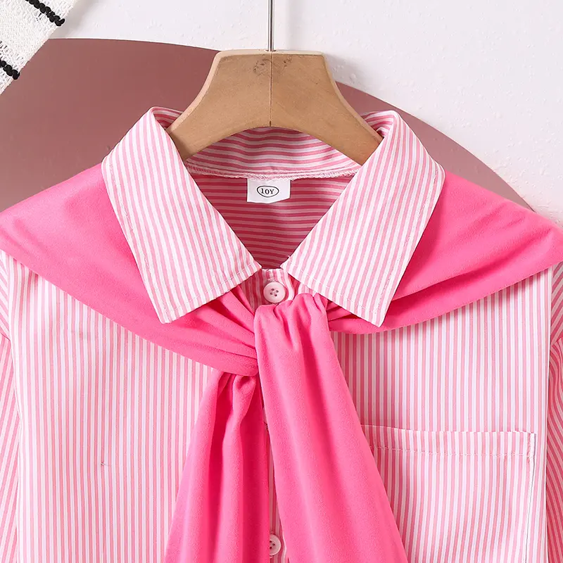 Girls Clothing 2PCS Solid Color Pink Striped Turn Down Collar Single Breasted Long Sleeve Coat & Red Wrap For Girls 8-12 Years