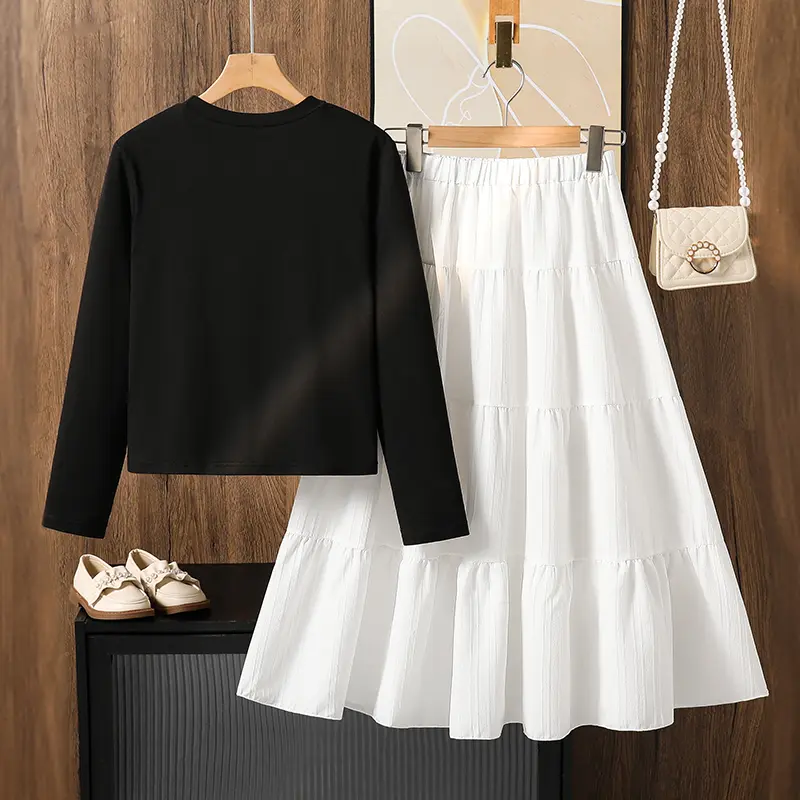 2025 Kids Suit Autumn New 2PCS Skirt Set Black Bow O-Neck Long Sleeve Top & Solid Color White Skirt 8-12 Years Korean Style