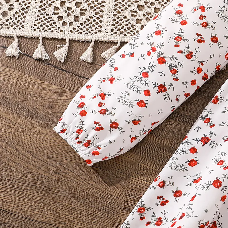 Spring/Summer sweet and cute baby floral long-sleeved long dress elegant ditsy v-neck bow detail on front bust Spring/Summer pri