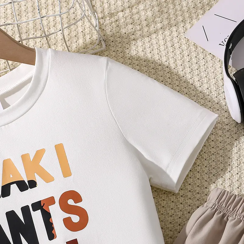 Children Clothes Sets Letters Printed T-shirt & Khaki Color Cargo Pants Trendy Girls Cargo Pants Sets Summer Outfit Kids Costume