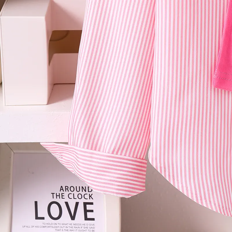 Girls Clothing 2PCS Solid Color Pink Striped Turn Down Collar Single Breasted Long Sleeve Coat & Red Wrap For Girls 8-12 Years