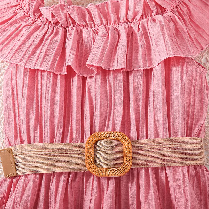 New Dress Baby Pink Short Sleeved Off-The-Shoulder Skirt & Belt Stylish Girls Vacation Holiday Clothes Kids Clothes Dress