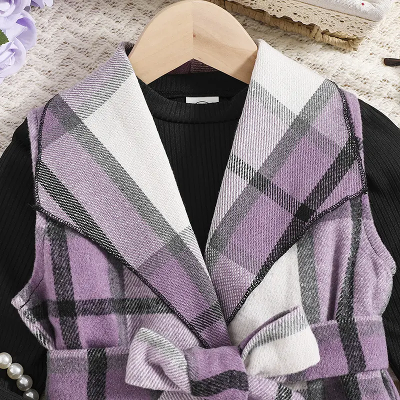Baby Girls Autumn Outfit 4-7 Years Children's Purple Plaid Sleeveless Waistcoat + Black Knit Base Casual Vacation Korean Suits