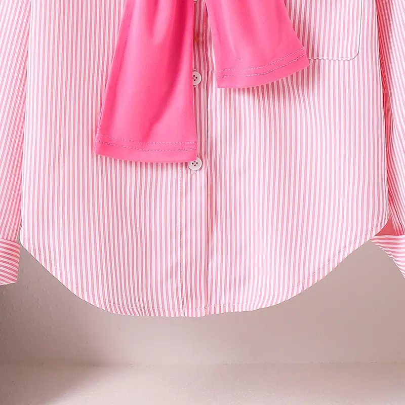 Girls Clothing 2PCS Solid Color Pink Striped Turn Down Collar Single Breasted Long Sleeve Coat & Red Wrap For Girls 8-12 Years