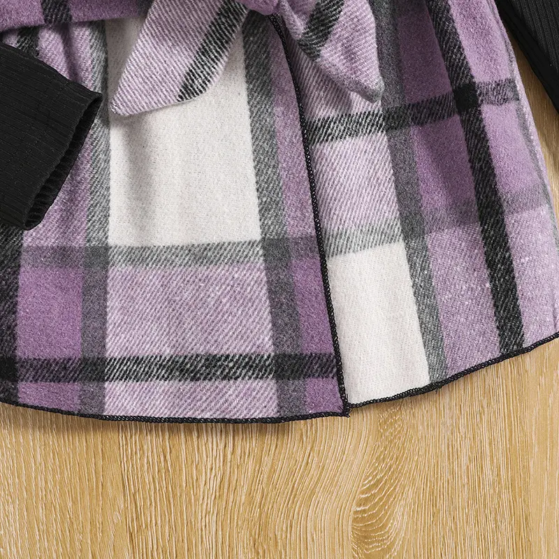 Baby Girls Autumn Outfit 4-7 Years Children's Purple Plaid Sleeveless Waistcoat + Black Knit Base Casual Vacation Korean Suits