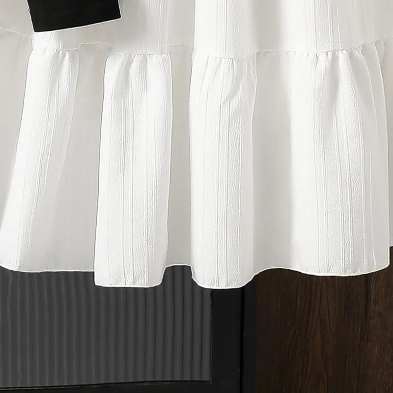 2025 Kids Suit Autumn New 2PCS Skirt Set Black Bow O-Neck Long Sleeve Top & Solid Color White Skirt 8-12 Years Korean Style