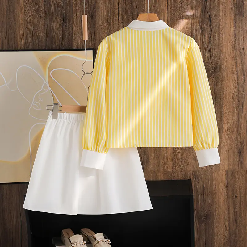 Girls Clothing 2PCS Solid Color Yellow Striped Turn Down Collar Single Breasted Long Sleeve Coat & White Pleated For Girls Daily