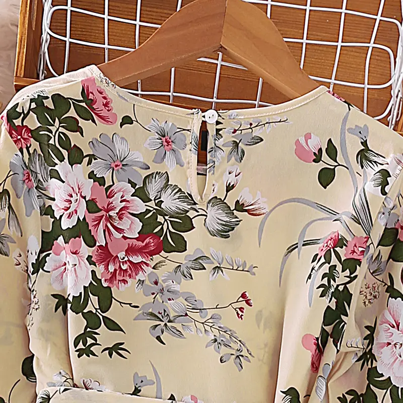 Dress Kids Girls 5-12 Years Cream-Coloured Printed Long-Sleeved Pleated Dress For Girls Summer Princess Baby Girl Dress