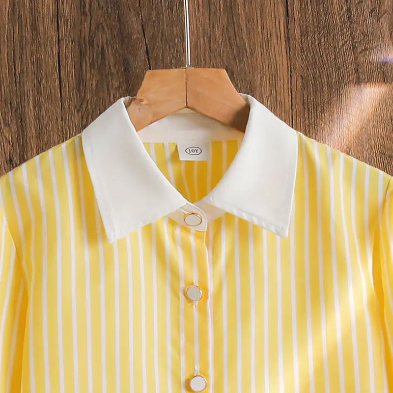Girls Clothing 2PCS Solid Color Yellow Striped Turn Down Collar Single Breasted Long Sleeve Coat & White Pleated For Girls Daily