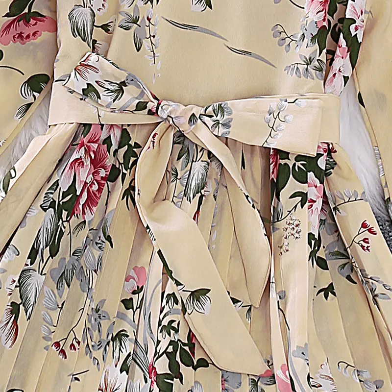 Dress Kids Girls 5-12 Years Cream-Coloured Printed Long-Sleeved Pleated Dress For Girls Summer Princess Baby Girl Dress