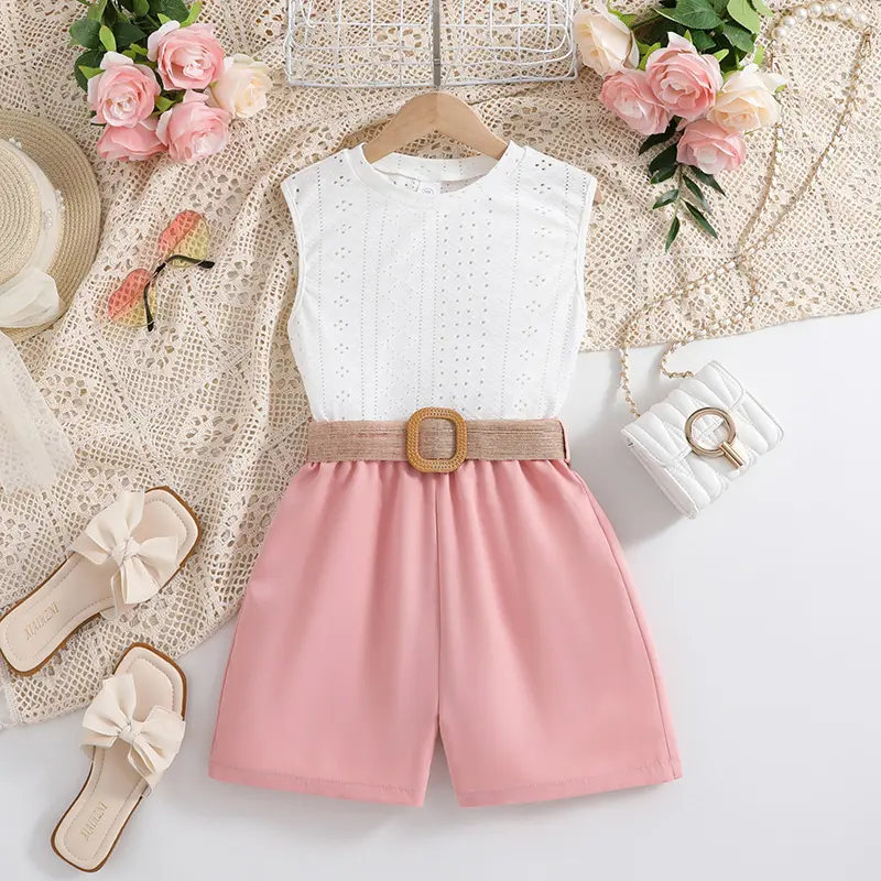 Girls White Sleeveless Hollow Out Flowers Top + Pink Shorts + Belt Vacation Daily Casual Cute Fashion Party Two Piece Set