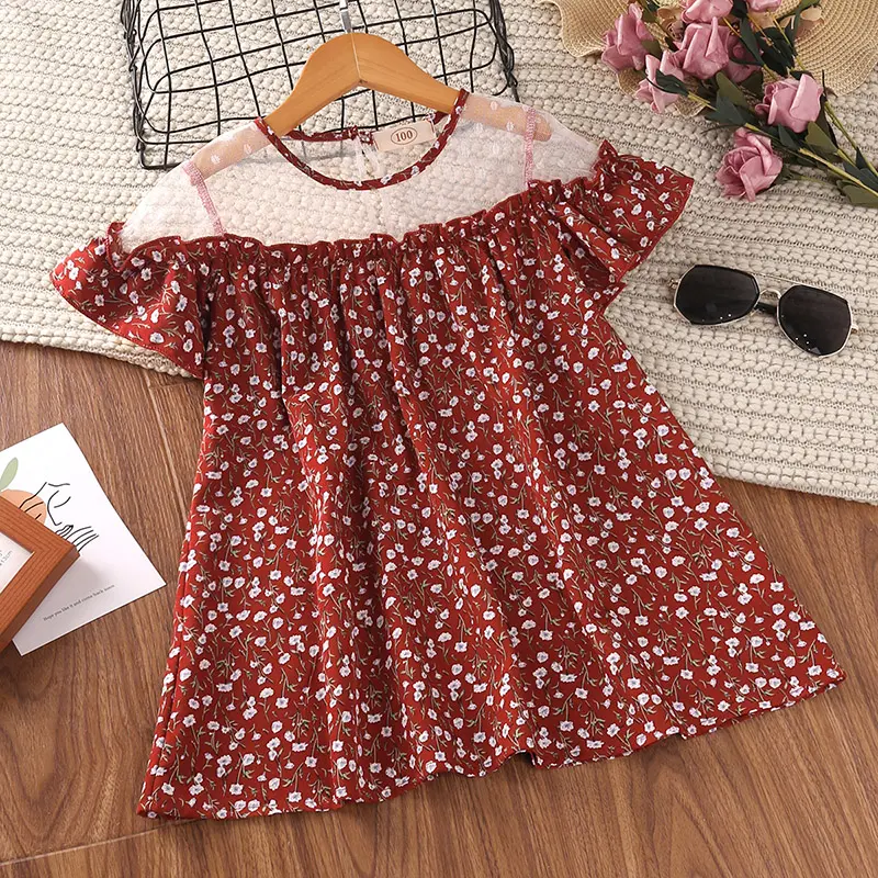 Summer New Dress Kids Girls 2-6 Years Red Gauze Print Dress Summer Baby Girl Floral Dresses Princess Baby Girl Dress