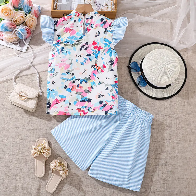 Kids Fashion Clothes 2PCS Sleeveless Printed Top And Blue Striped Shorts Classic Design Fashion Summer Resort Style Beach Suits