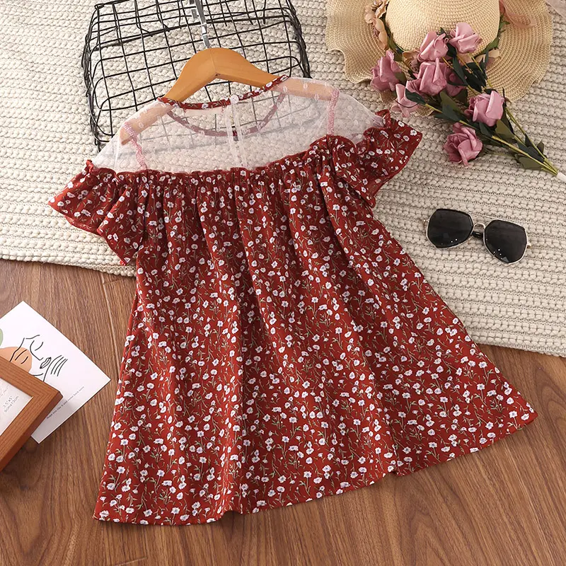 Summer New Dress Kids Girls 2-6 Years Red Gauze Print Dress Summer Baby Girl Floral Dresses Princess Baby Girl Dress