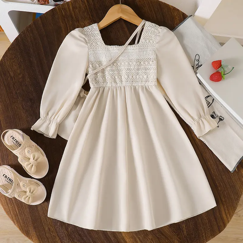 2025 Autumn New Kids Clothing Solid Color Beige Strawberry Print Carved Square Collar Long Sleeve A-Line Dress For Girls 4-7