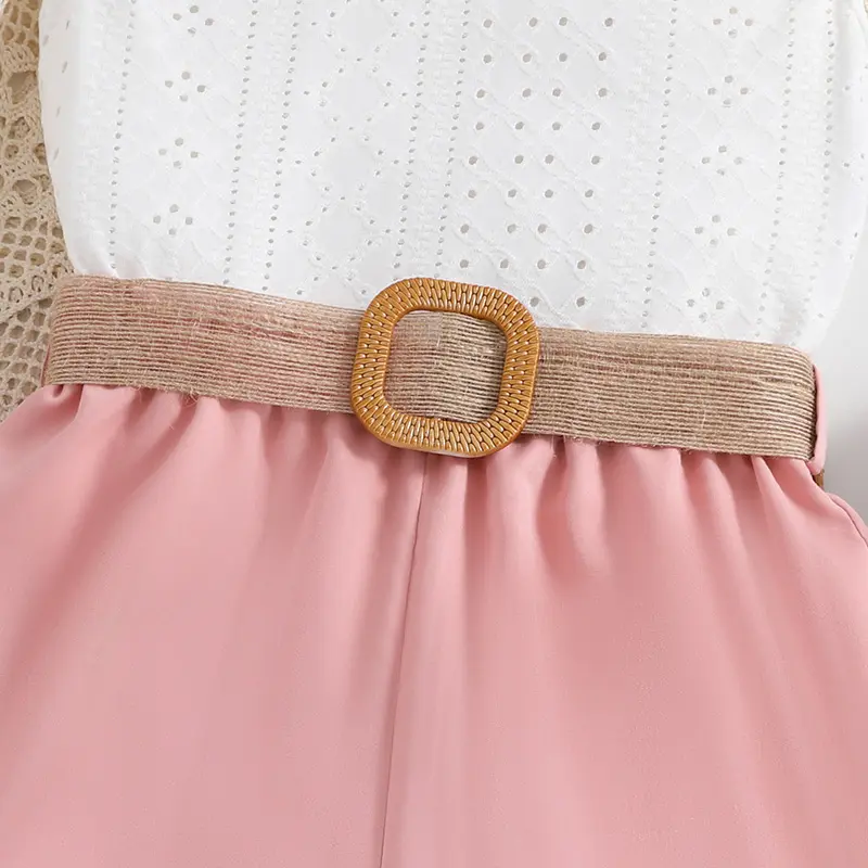 Girls White Sleeveless Hollow Out Flowers Top + Pink Shorts + Belt Vacation Daily Casual Cute Fashion Party Two Piece Set