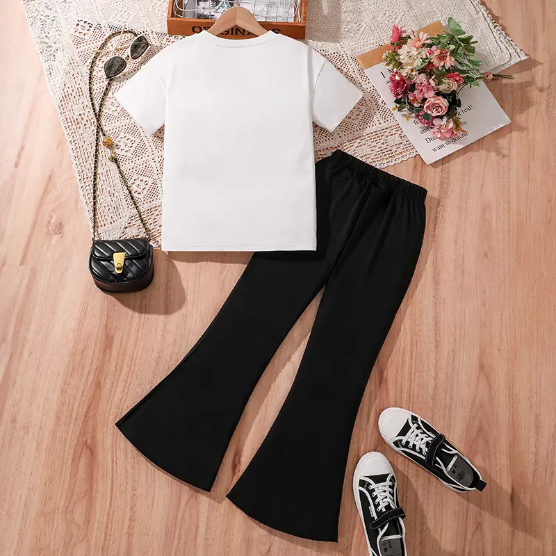 Kids Clothing Sets White Letters Printed Split Hem T-shirt & Black Flare Pants 2PCS Set Daily Casual Suits Cozy Summer Outfit