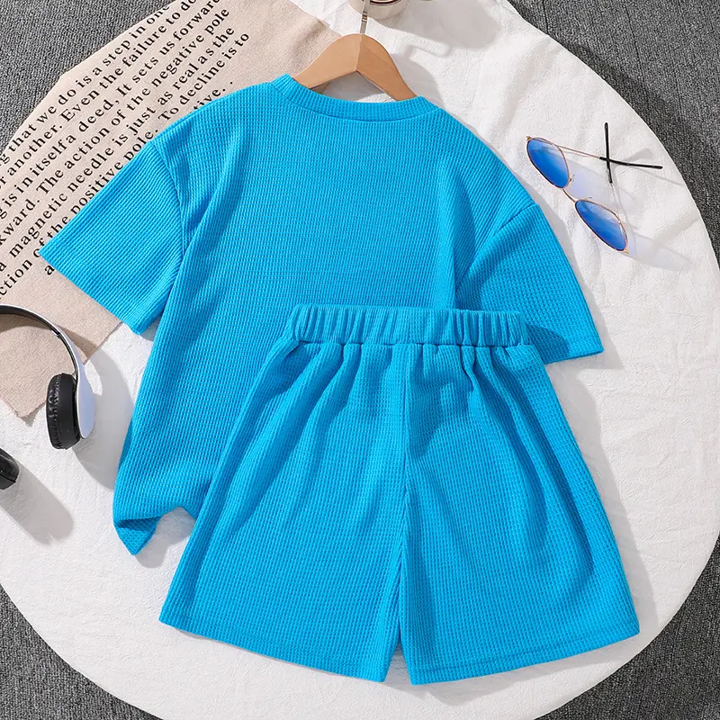 Blue Knitted Summer Kids Korean Style Outfit Trendy Daily Casual Suits Round-Collar T-shirt & Shorts Stylish Girls Sets