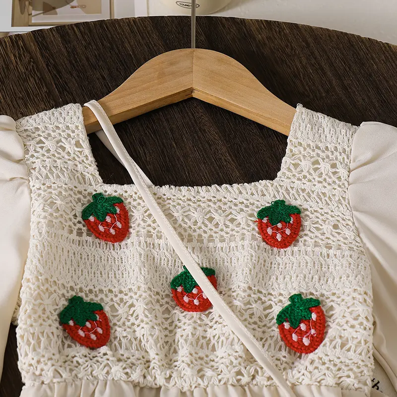 2025 Autumn New Kids Clothing Solid Color Beige Strawberry Print Carved Square Collar Long Sleeve A-Line Dress For Girls 4-7