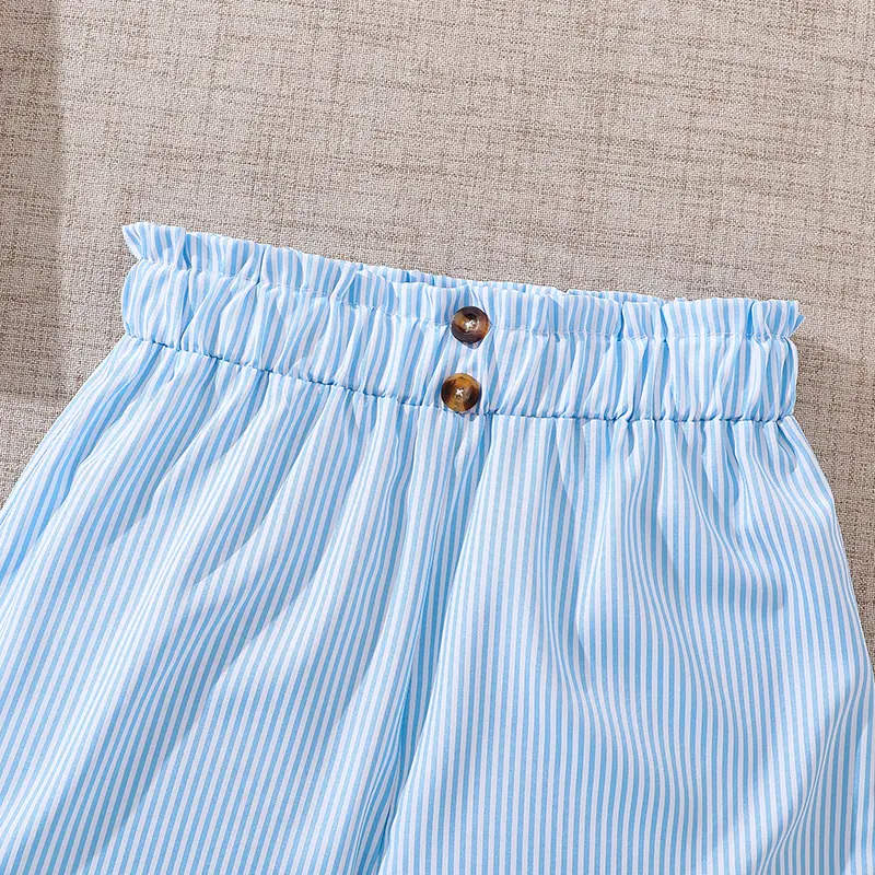 Kids Fashion Clothes 2PCS Sleeveless Printed Top And Blue Striped Shorts Classic Design Fashion Summer Resort Style Beach Suits