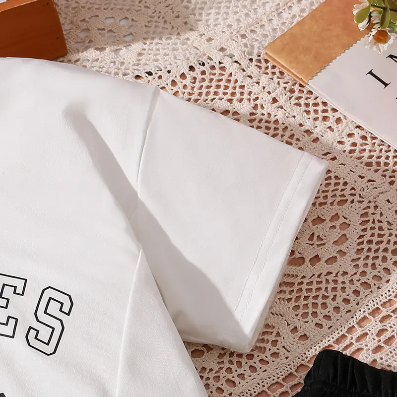 Kids Clothing Sets White Letters Printed Split Hem T-shirt & Black Flare Pants 2PCS Set Daily Casual Suits Cozy Summer Outfit