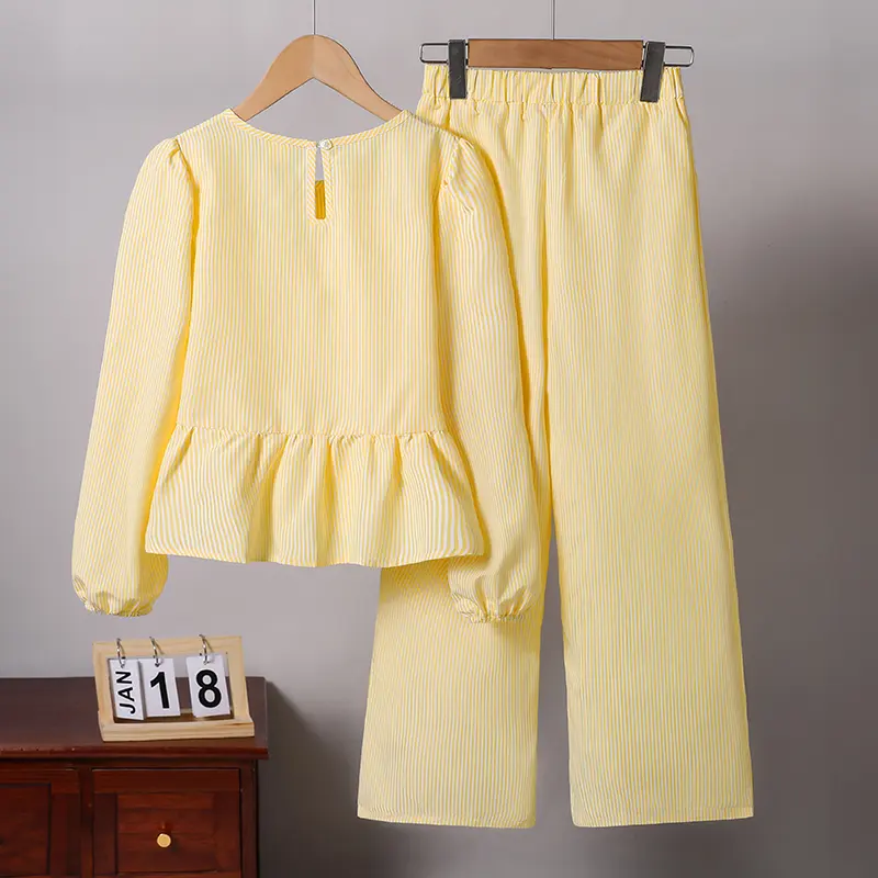 2025 Autumn New Fashion 2PCS Kids Set Solid Color Yellow O-Neck Single Breasted Long Sleeve Top & Elastic Waist Pants For Girls