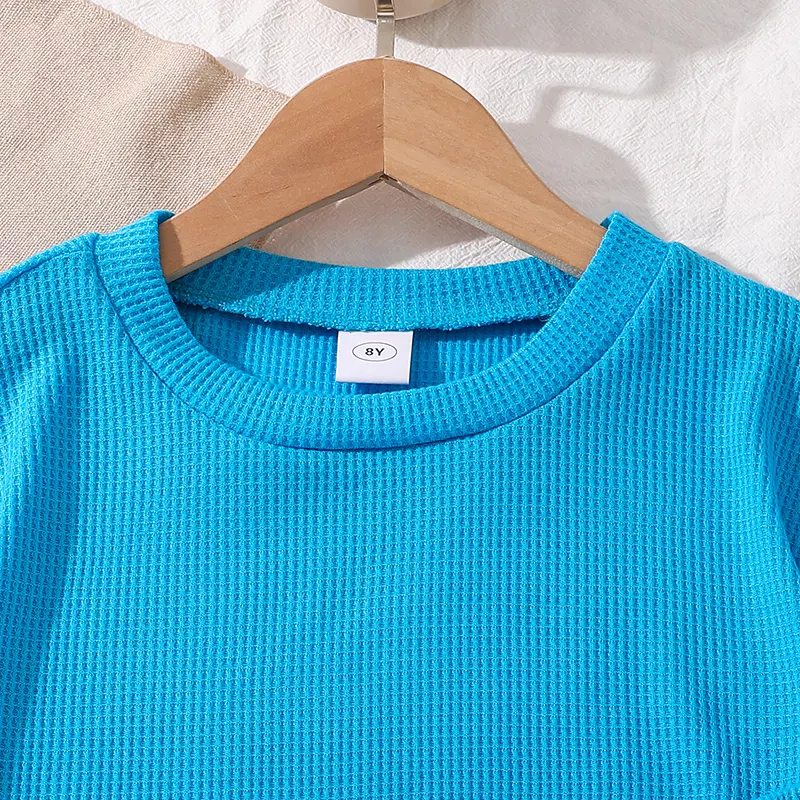 Blue Knitted Summer Kids Korean Style Outfit Trendy Daily Casual Suits Round-Collar T-shirt & Shorts Stylish Girls Sets