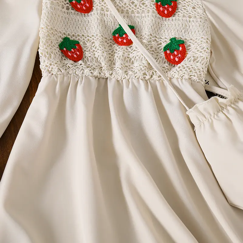 2025 Autumn New Kids Clothing Solid Color Beige Strawberry Print Carved Square Collar Long Sleeve A-Line Dress For Girls 4-7