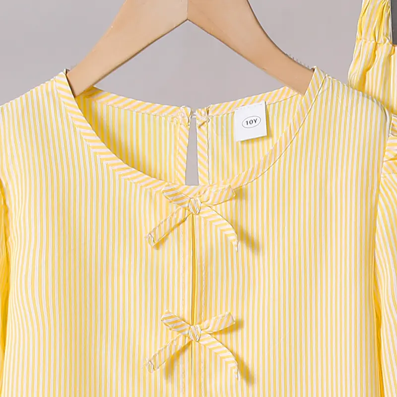 2025 Autumn New Fashion 2PCS Kids Set Solid Color Yellow O-Neck Single Breasted Long Sleeve Top & Elastic Waist Pants For Girls
