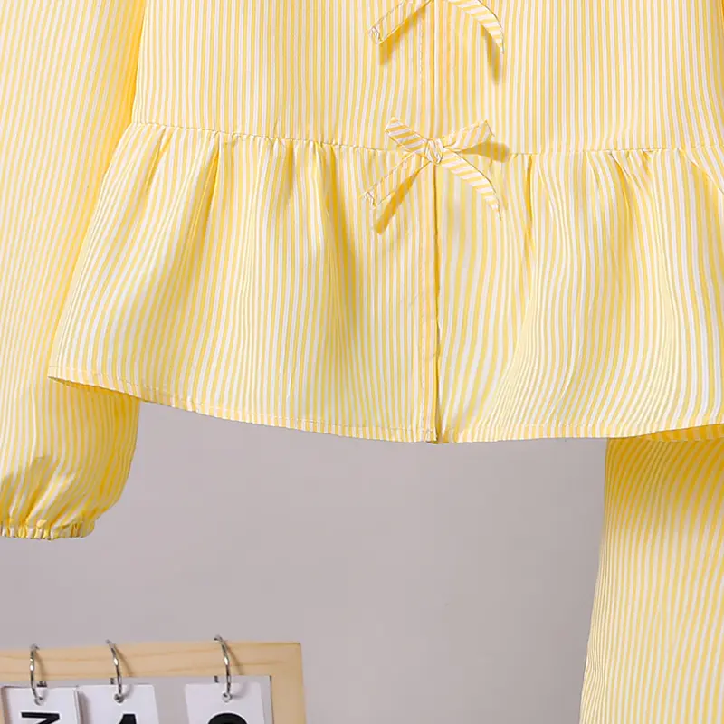 2025 Autumn New Fashion 2PCS Kids Set Solid Color Yellow O-Neck Single Breasted Long Sleeve Top & Elastic Waist Pants For Girls