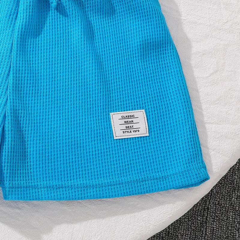 Blue Knitted Summer Kids Korean Style Outfit Trendy Daily Casual Suits Round-Collar T-shirt & Shorts Stylish Girls Sets