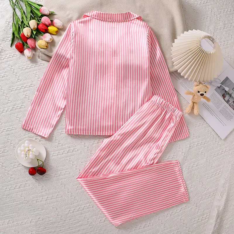 2025 New Girls Outfit 8-12 Years Striped Turn-Down Collar Shirt & Pants Sweet Style Girls Daily Casual Clothing  sleep sets