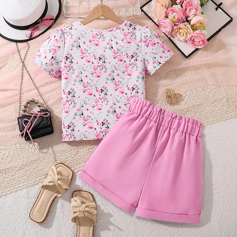 Girls Outfit 2025 New Summer Floral T-shirt & Pink Shorts 2 PCS Sweet Style Trendy Sets For 8-12 Years Daily Clothes Outgoing