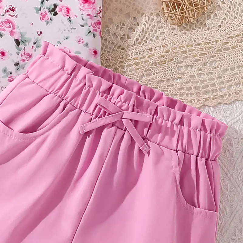 Girls Outfit 2025 New Summer Floral T-shirt & Pink Shorts 2 PCS Sweet Style Trendy Sets For 8-12 Years Daily Clothes Outgoing