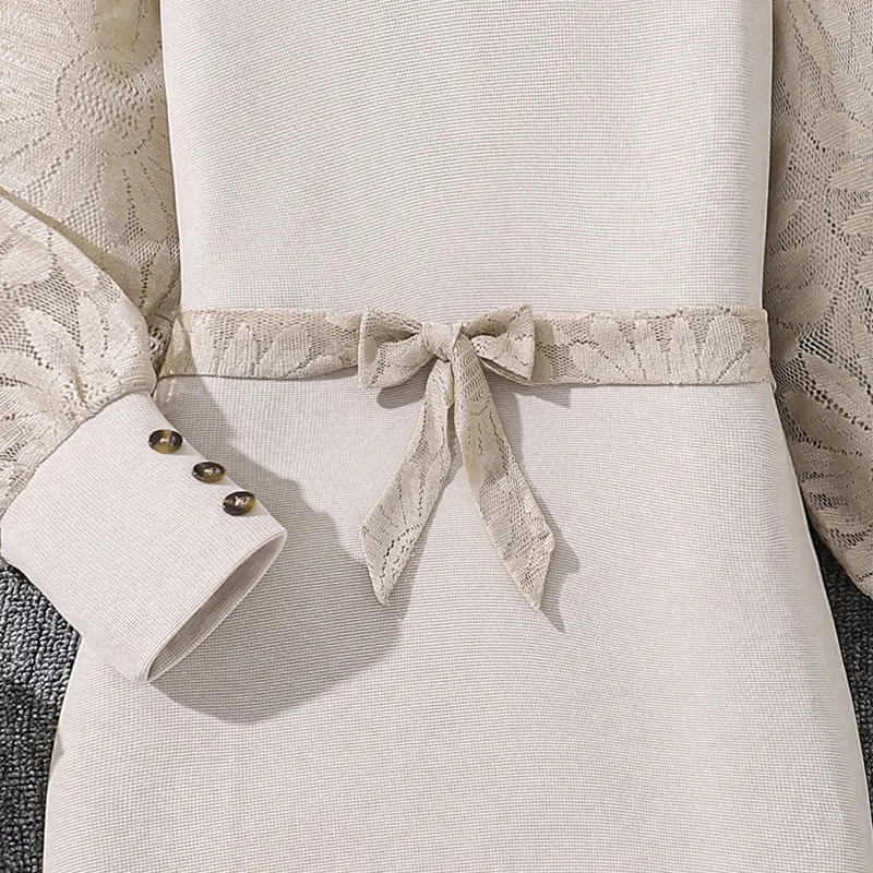 Fashion For 8-12 Years Kids Dress For Girls Khaki Long-Sleeved Dress With Belt Brief Classic Design Daily Causal Style Clothes